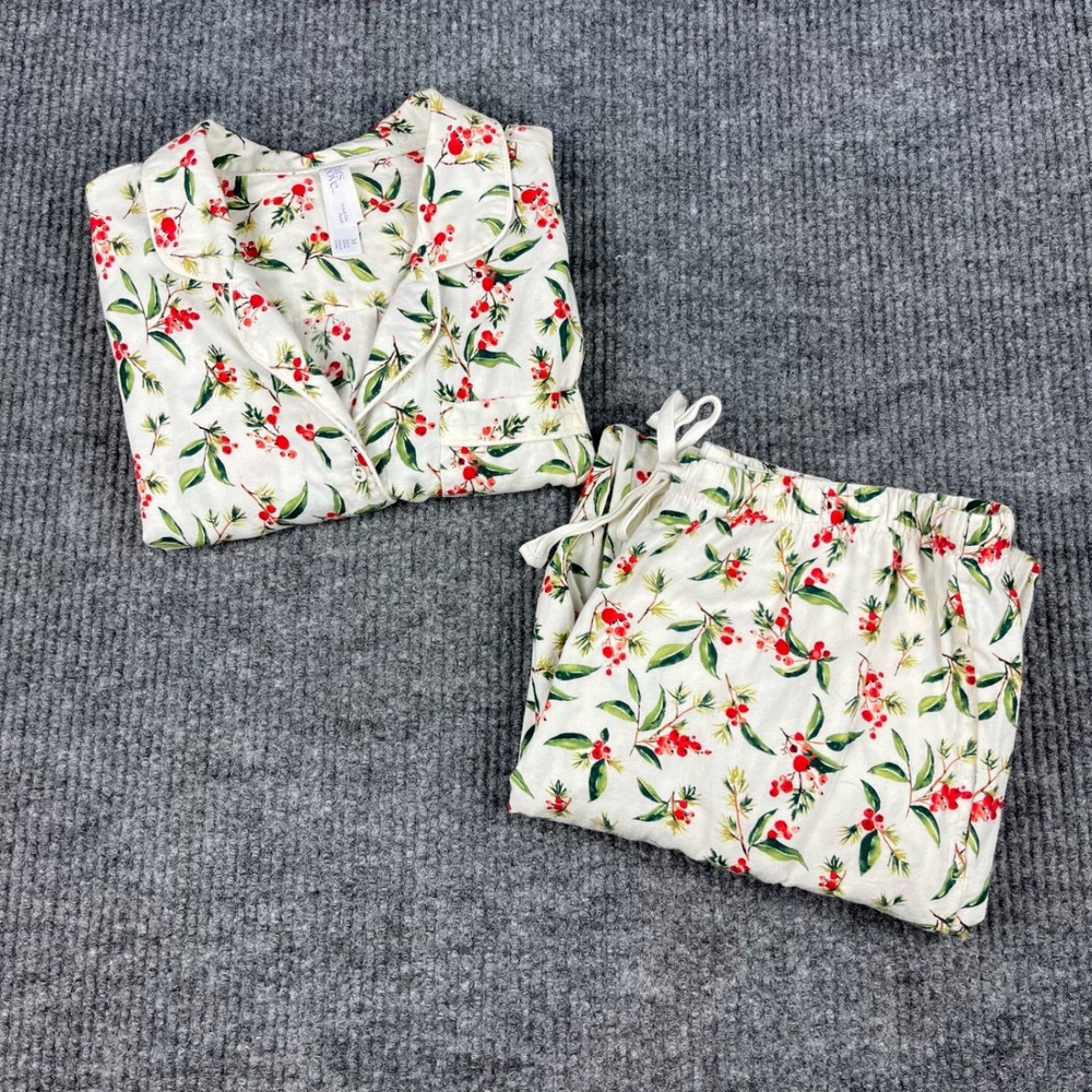Stars Above Pajama SET Womens M Holly Berry Cotton Long Sleeve & Pants Pockets